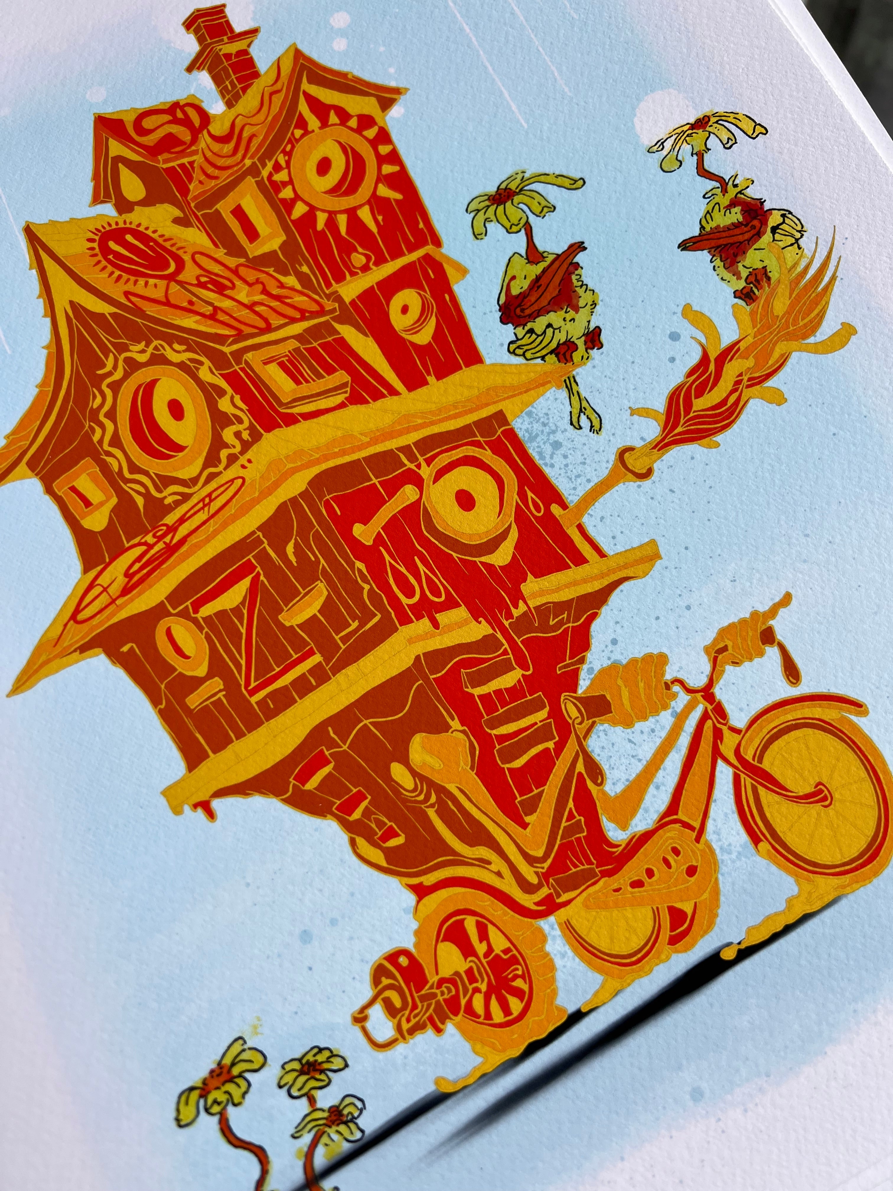"Bike House" -  Lightly Hand Embellished Print 9x12 - Orange Sunshine (2/5) (Copy)
