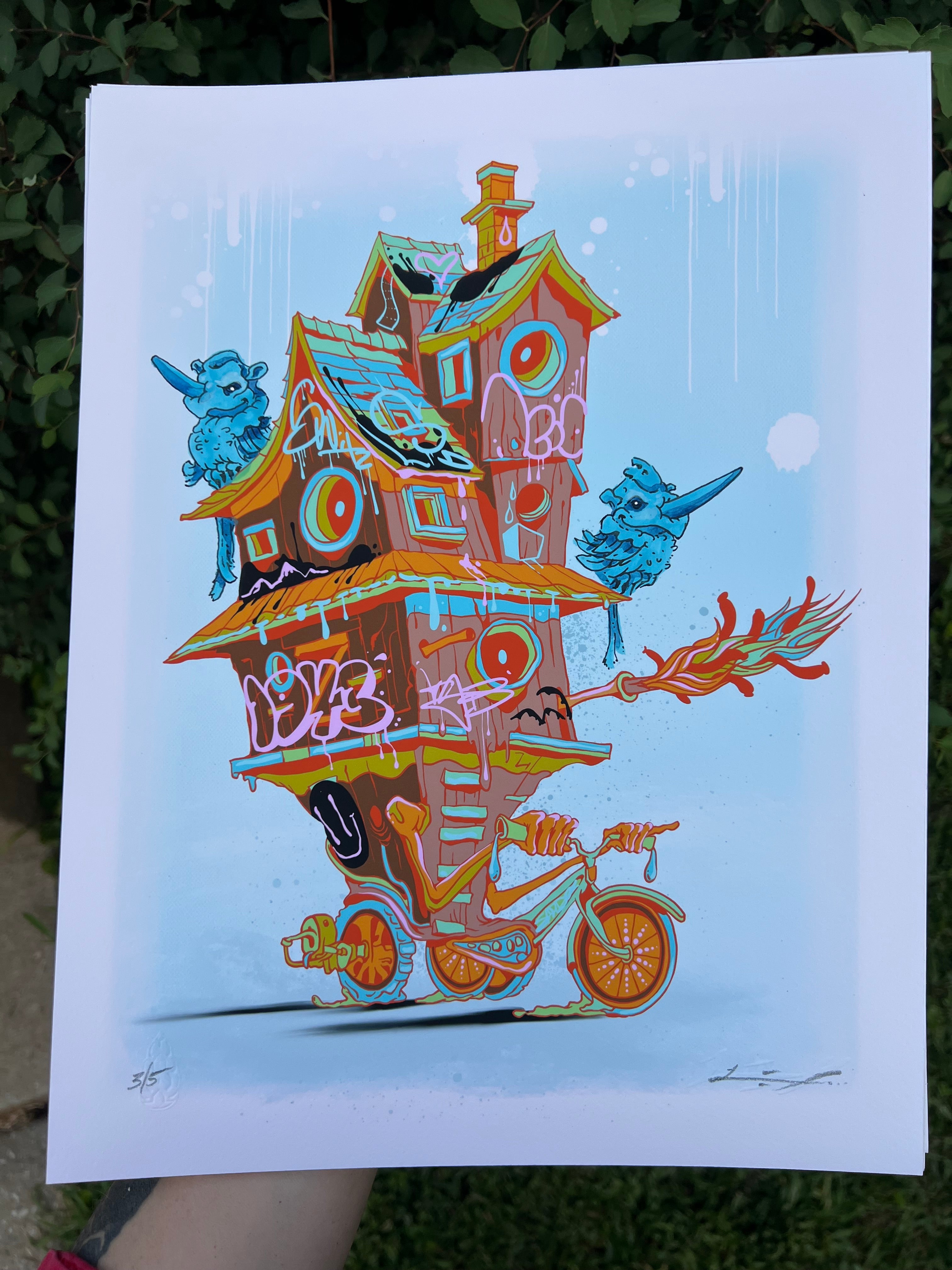 "Bike House" -  Lightly Hand Embellished Print 9x12 - Flying Rhino (2/5)