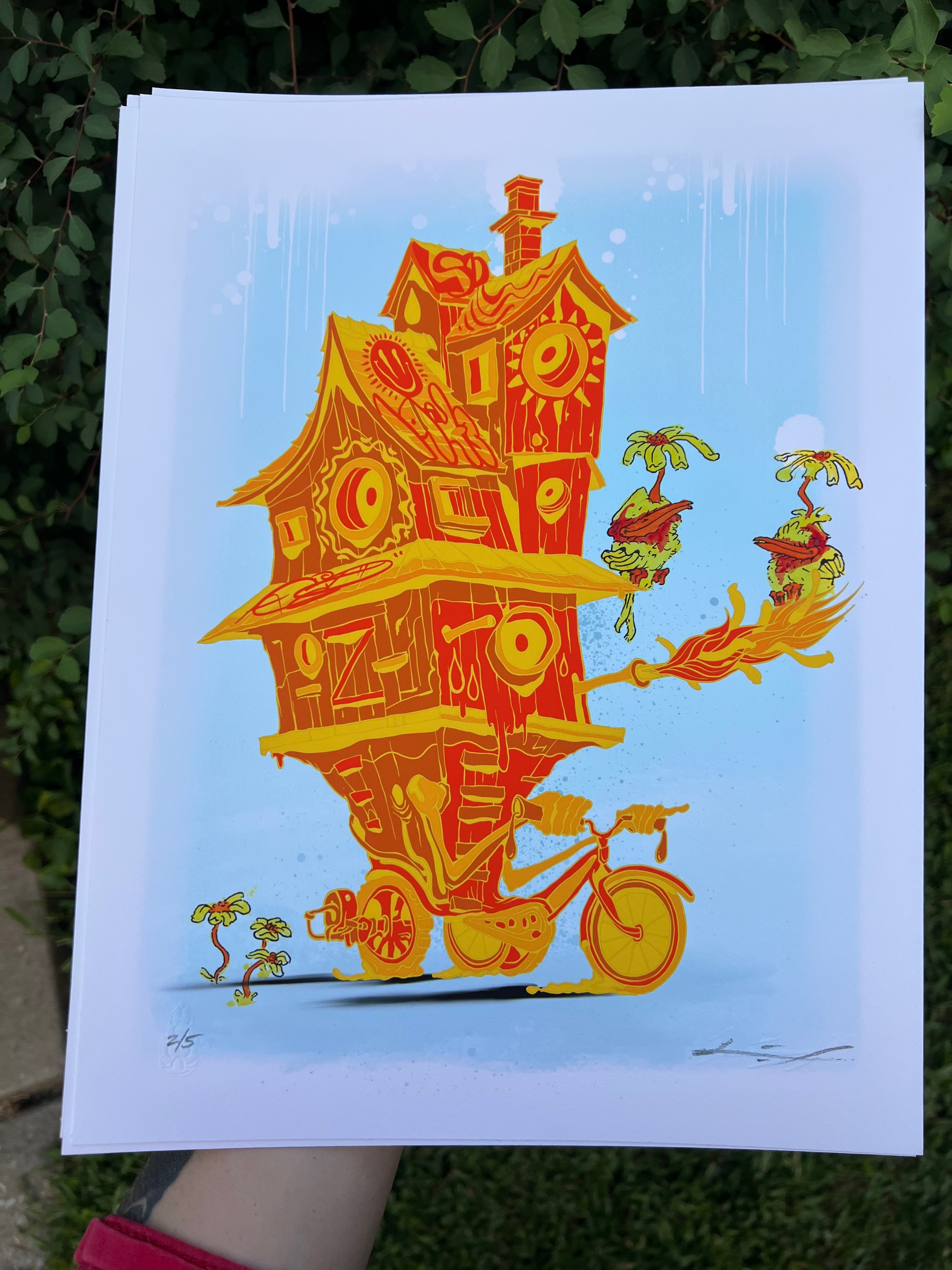 "Bike House" -  Lightly Hand Embellished Print 9x12 - Orange Sunshine (2/5) (Copy)