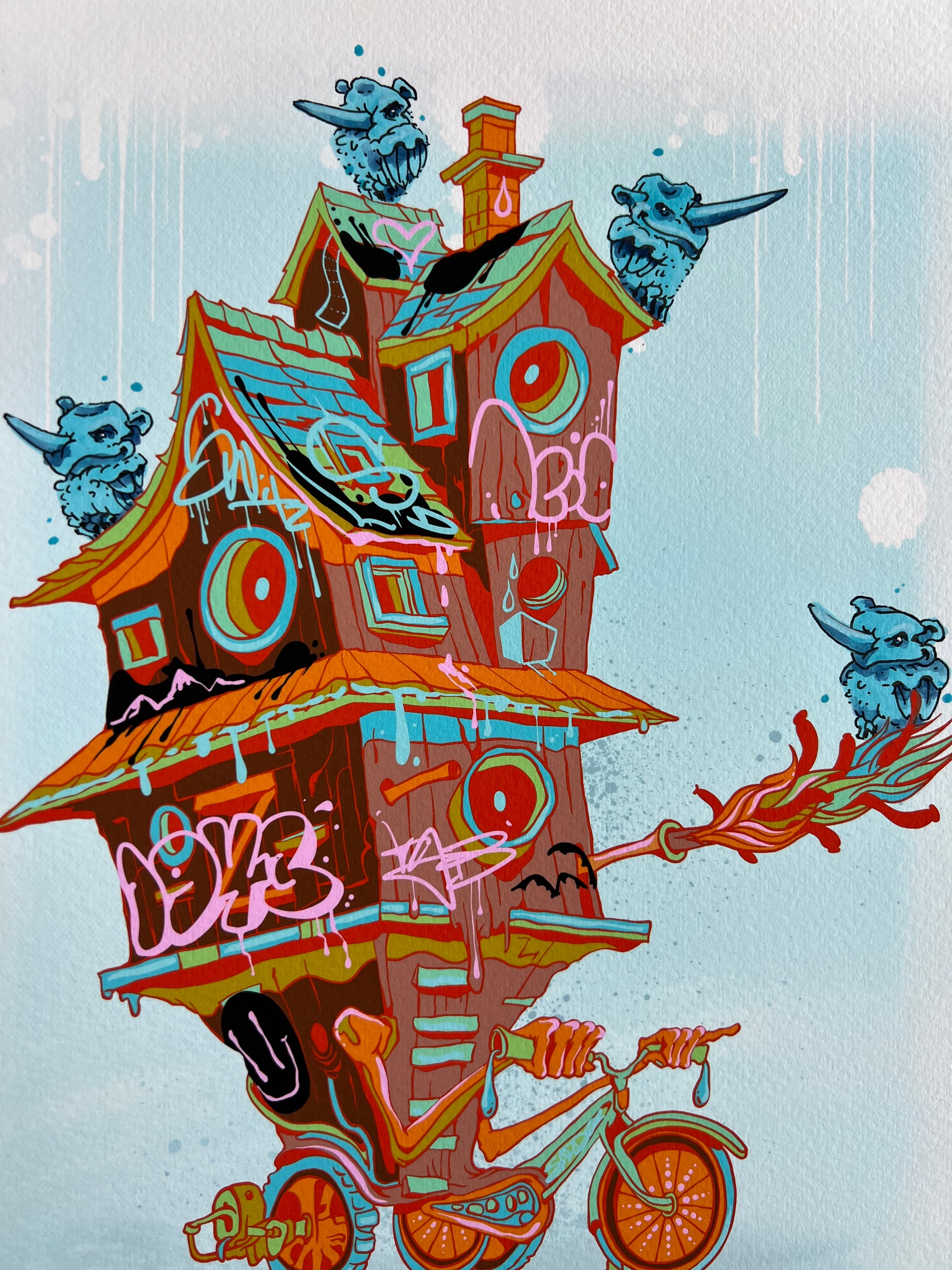 "Bike House" -  Lightly Hand Embellished Print 9x12 - Flying Rhino (4/5)