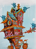 "Bike House" -  Lightly Hand Embellished Print 9x12 - Flying Rhino (4/5)