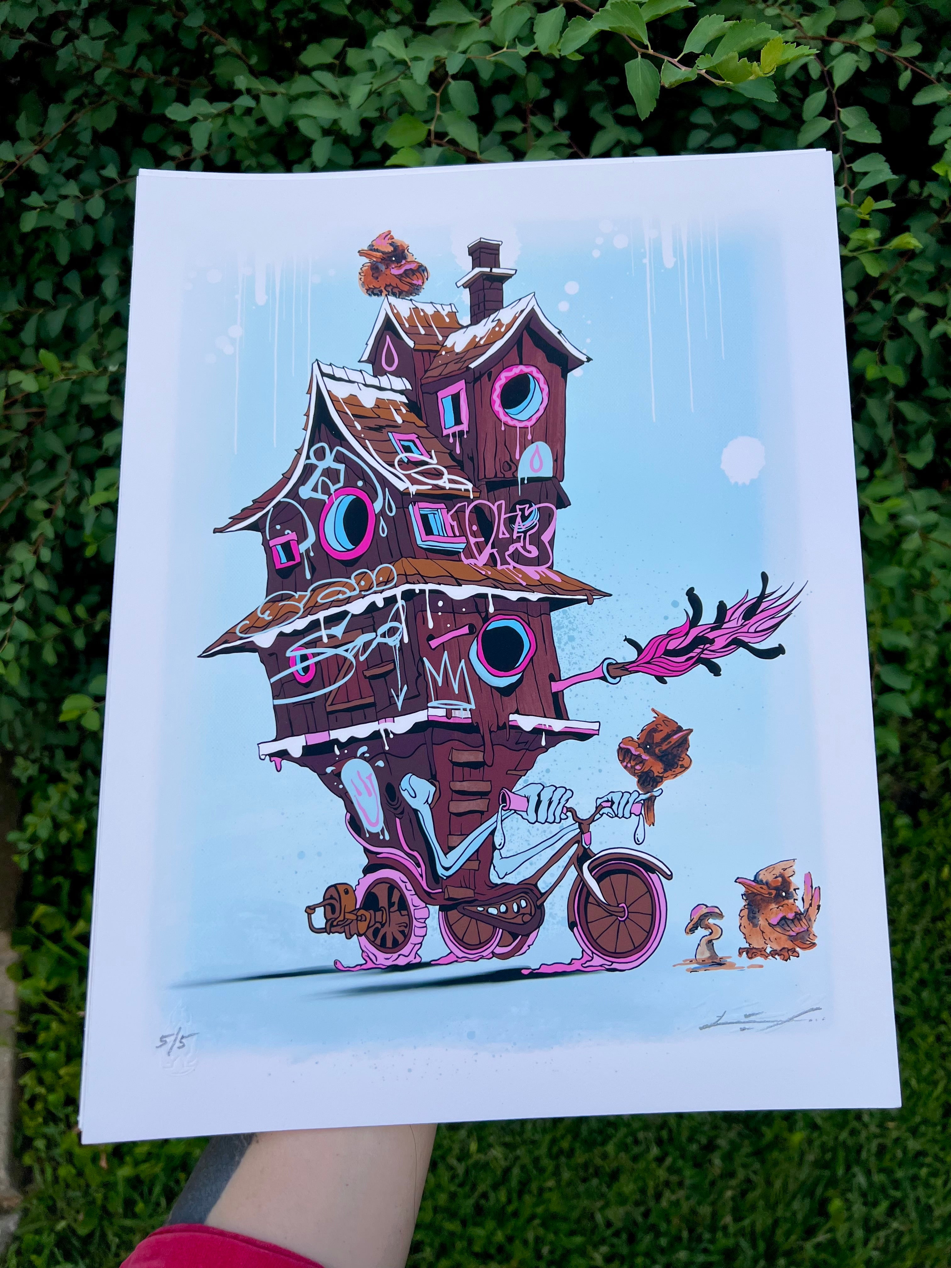 "Bike House" -  Lightly Hand Embellished Print 9x12 - Cake (5/5)