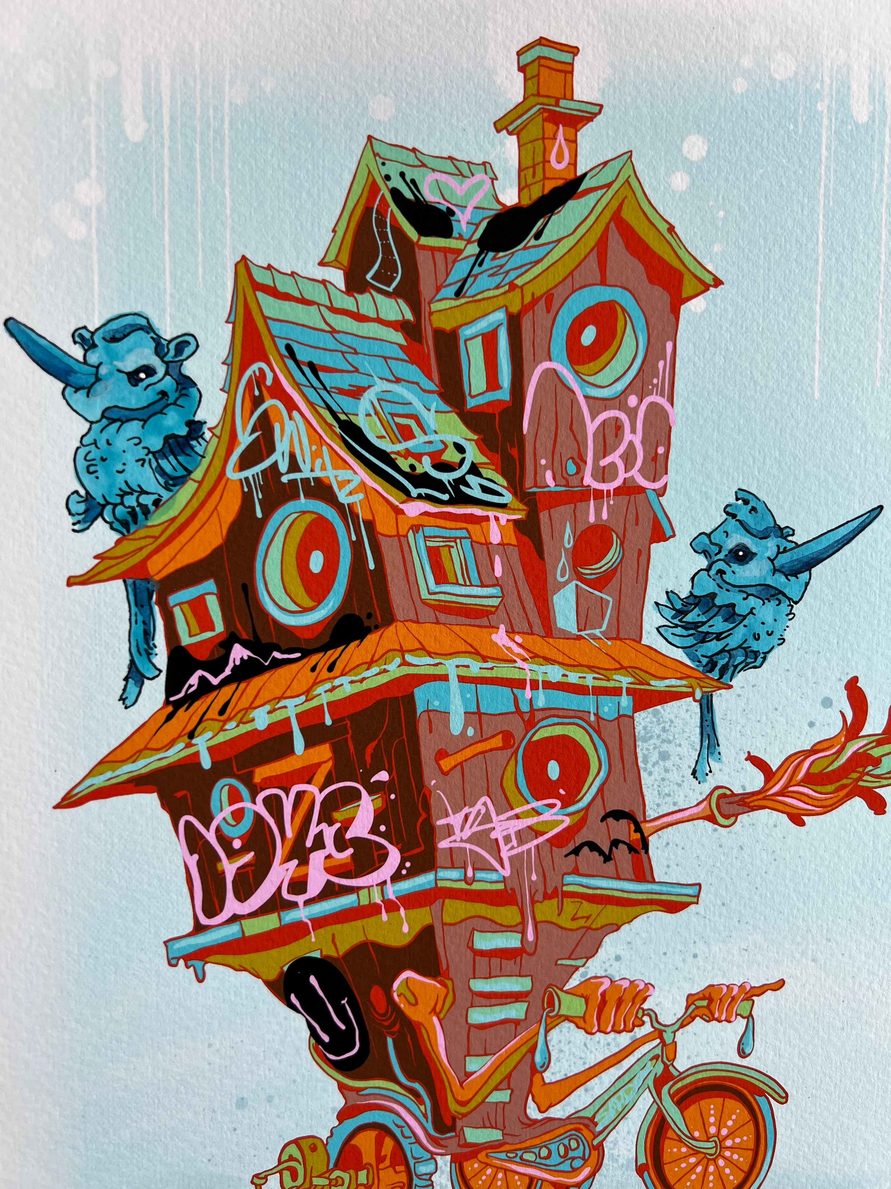 "Bike House" -  Lightly Hand Embellished Print 9x12 - Flying Rhino (2/5)