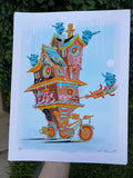 "Bike House" -  Lightly Hand Embellished Print 9x12 - Flying Rhino (4/5)