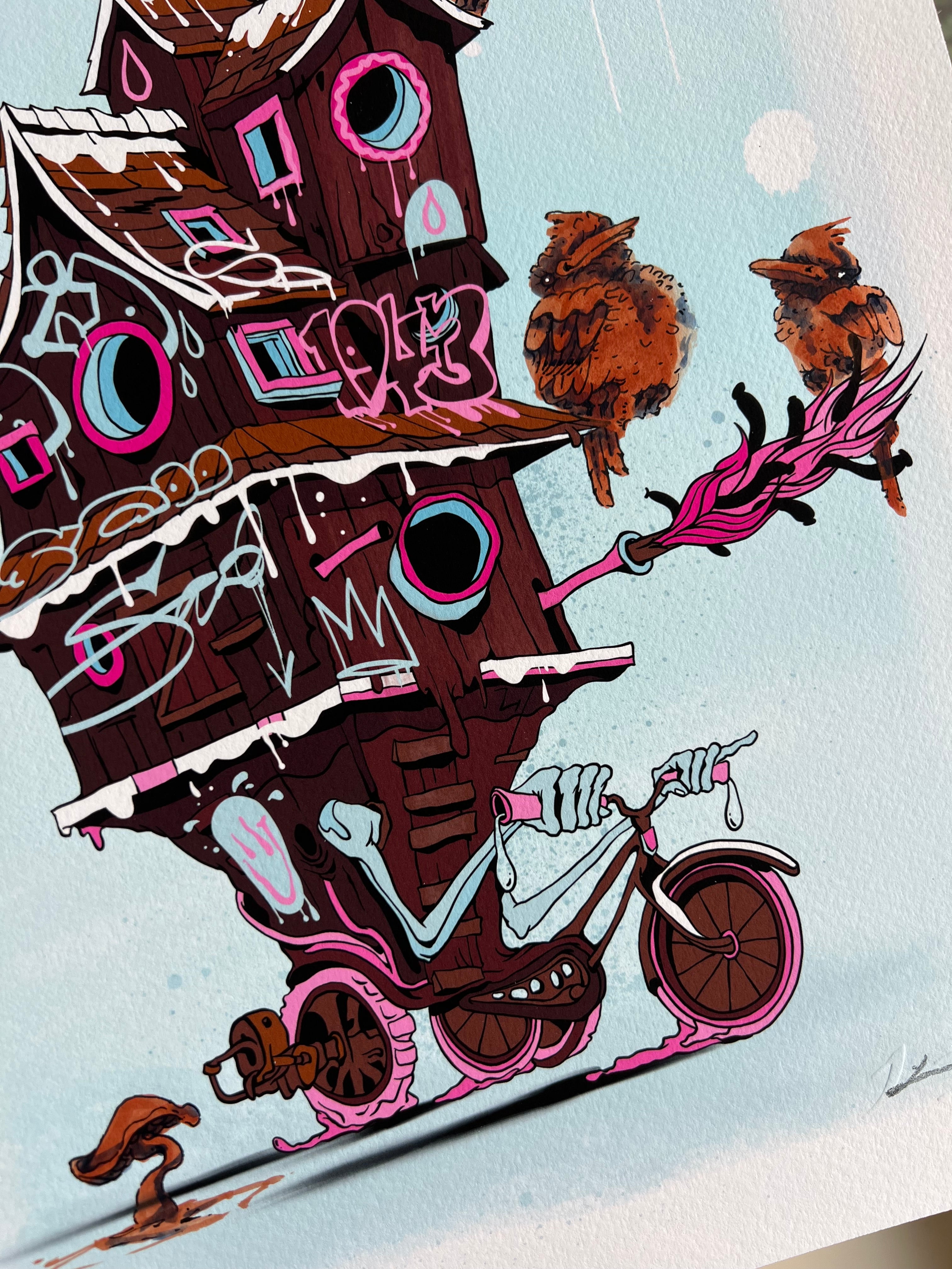 "Bike House" -  Lightly Hand Embellished Print 9x12 - Cake (4/5)