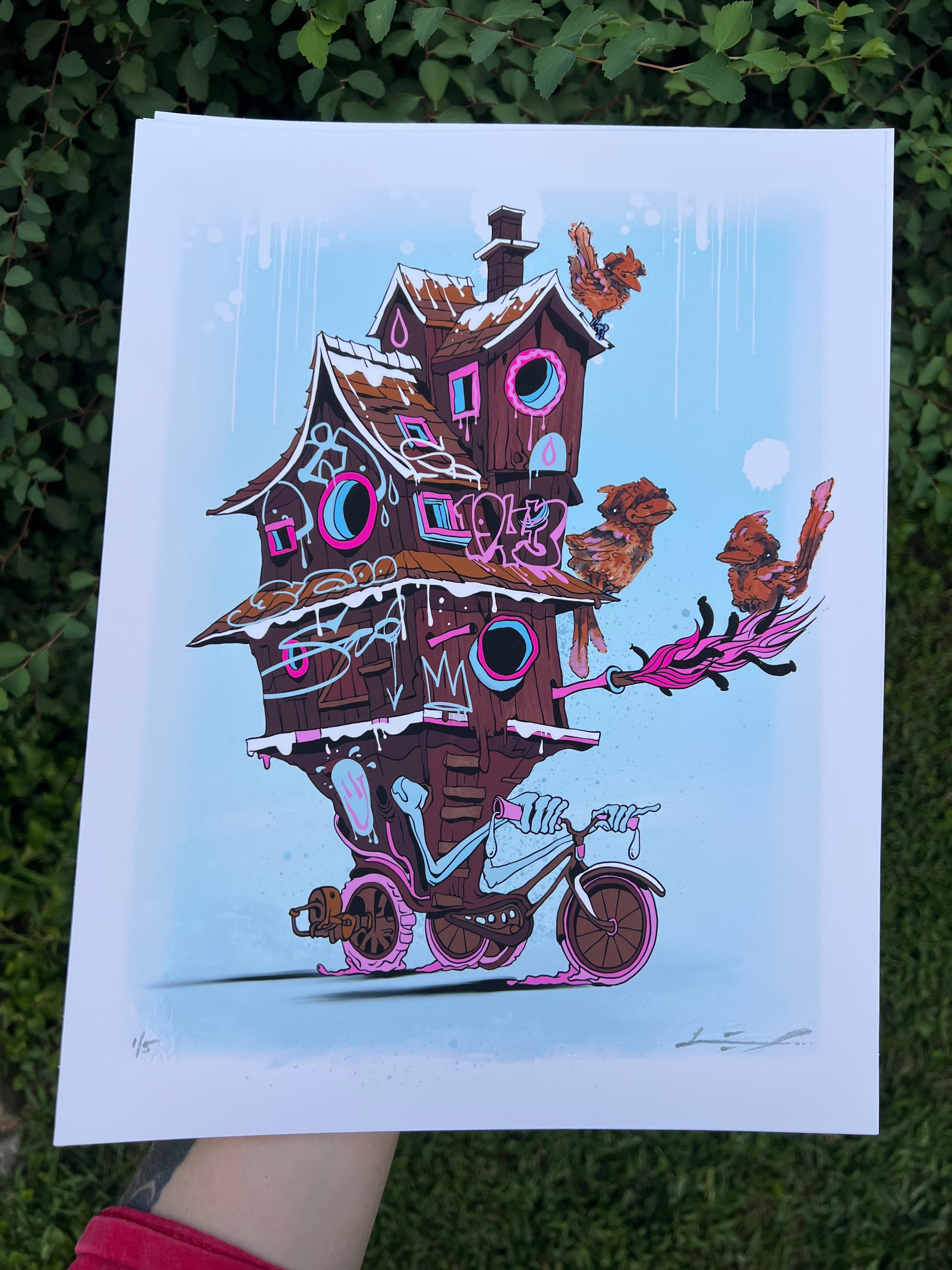 "Bike House" -  Lightly Hand Embellished Print 9x12 - Cake (1/5)