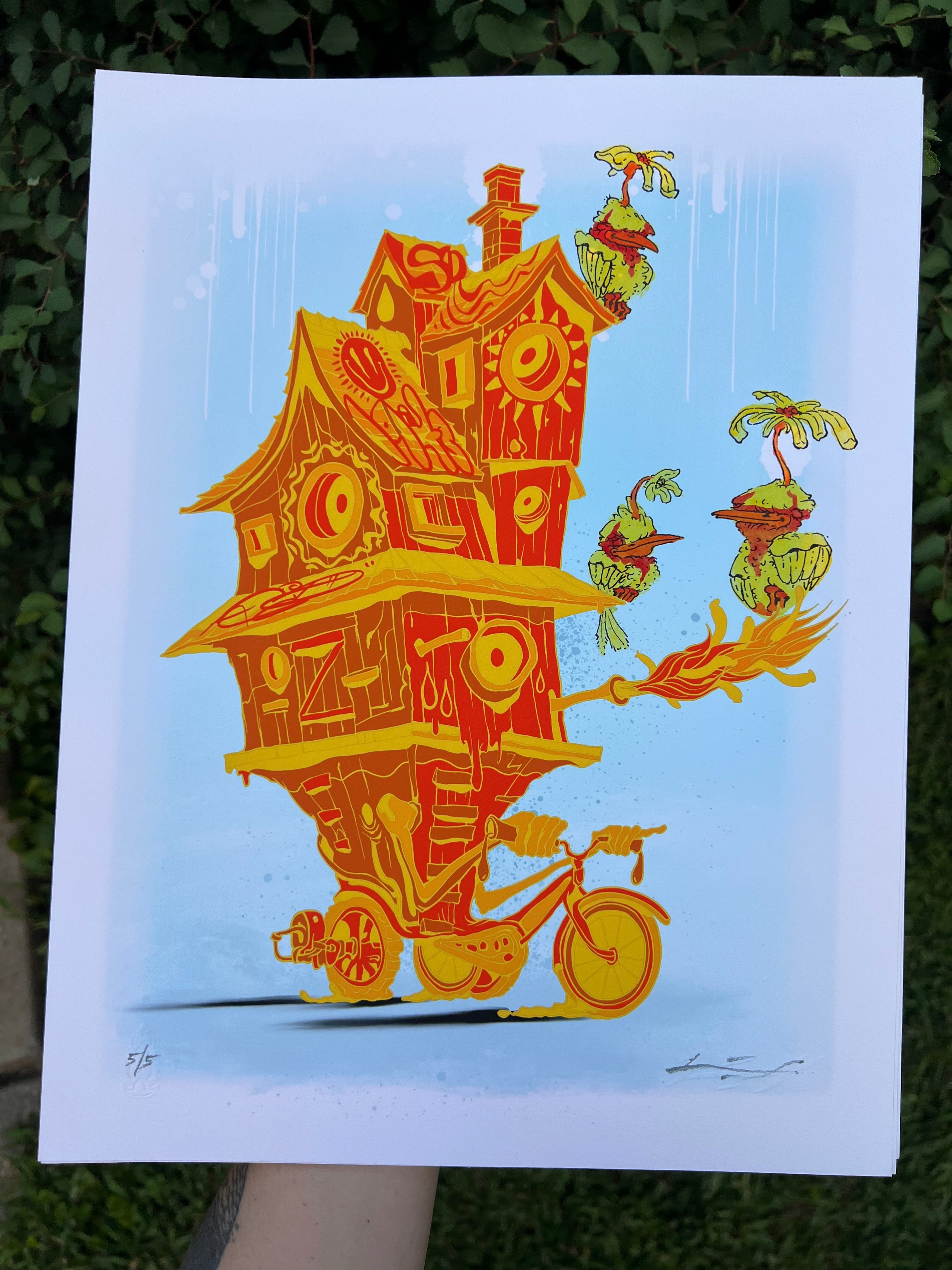 "Bike House" -  Lightly Hand Embellished Print 9x12 - Orange Sunshine (5/5)